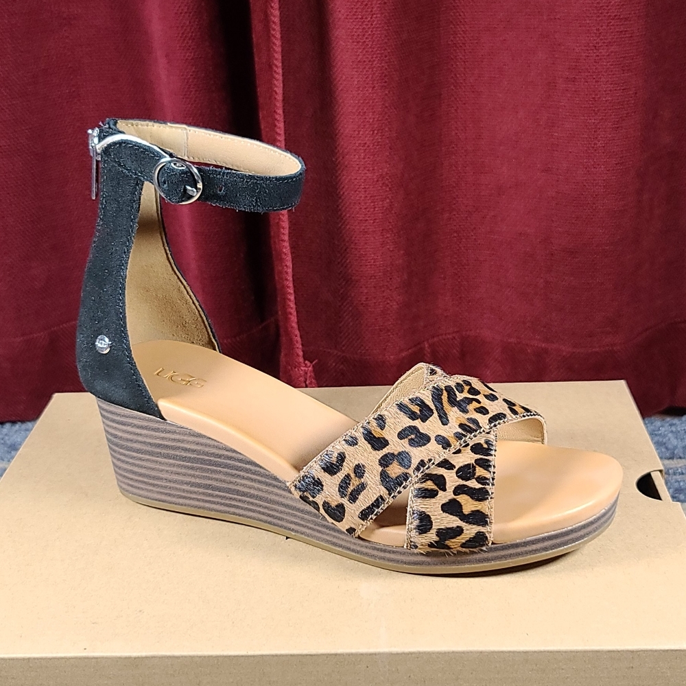 UGG® Eugenia Leopard Calf Hair Ankle Strap Wedge S